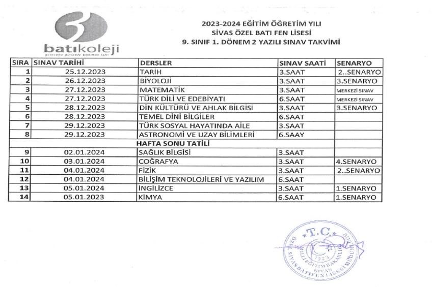 2023-2024 EĞİTİM ÖĞRETİM YILI 1.DÖNEM 2. YAZILI TARİHLERİ 